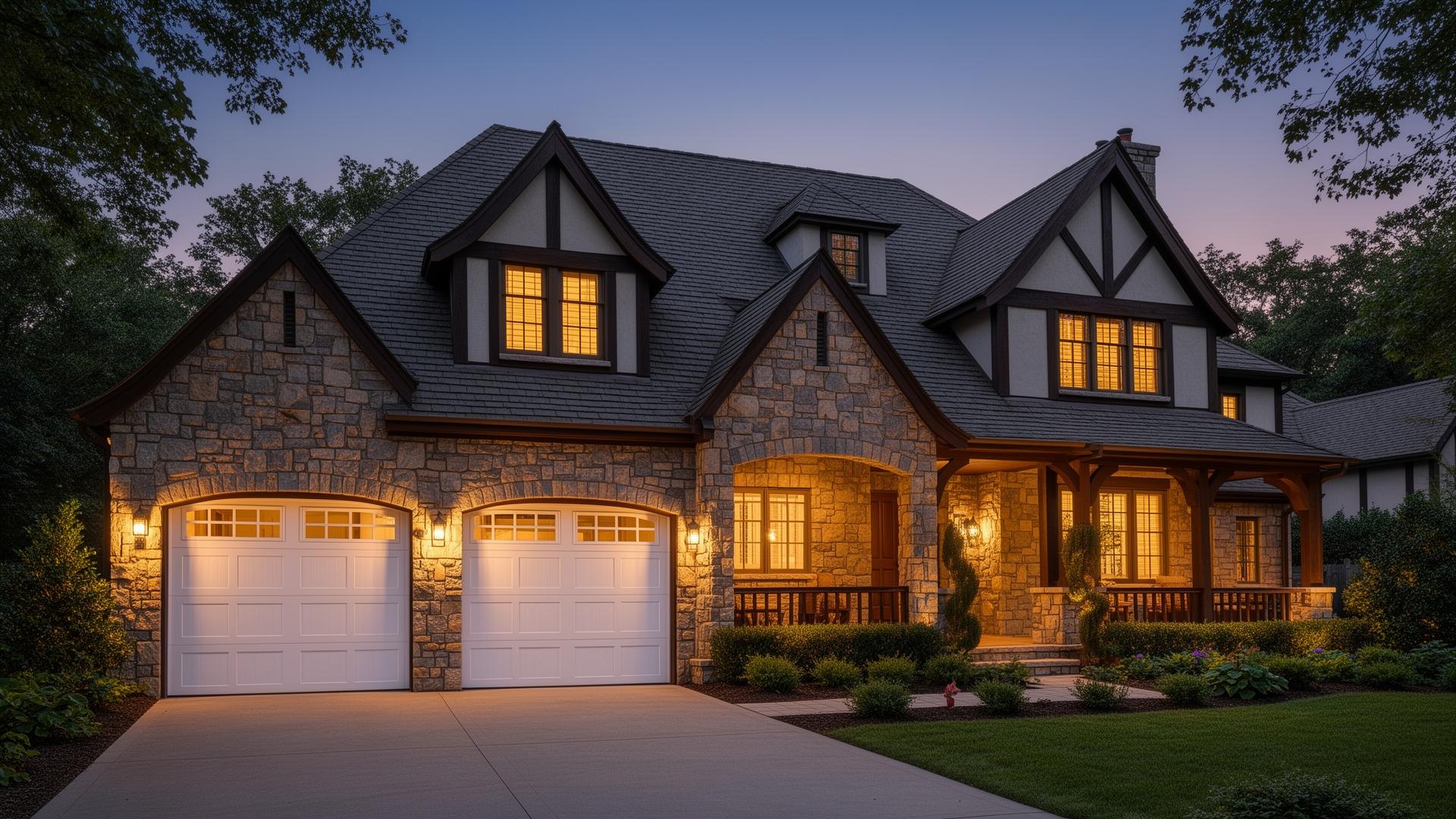 Beautiful Tudor style home with white raised panel garage doors at dusk in Mossyrock, WA
